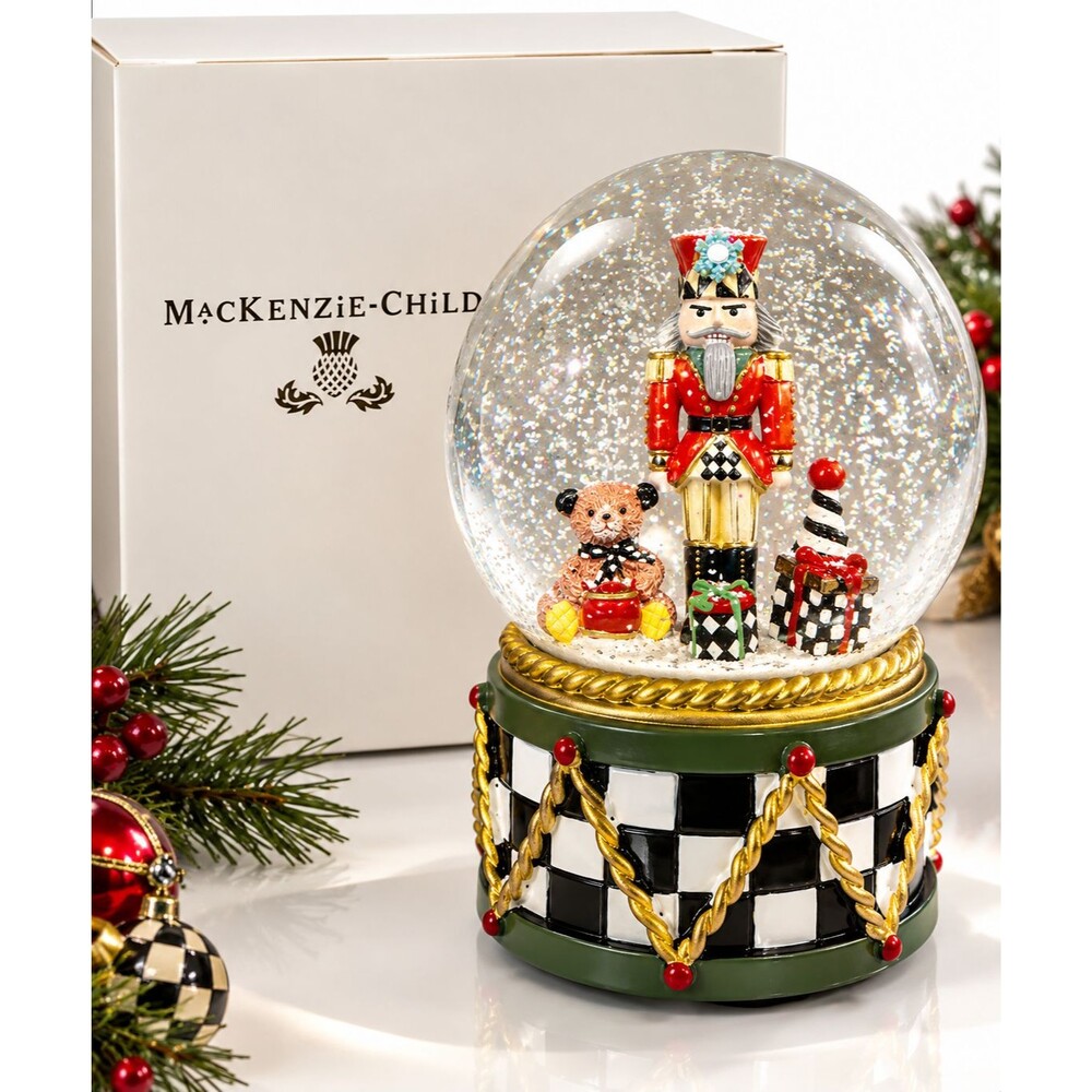 MacKenzie-Childs Nutcracker Snow Globe Courtly Check Christmas Musical Box
